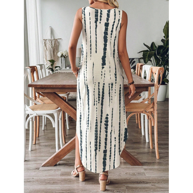 Allover Print Sleeveless V-Neck Slit Dress
