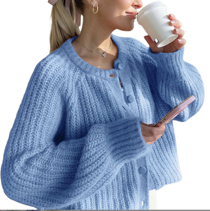 Women's Solid Knit Cardigan Round Neck Long Sleeve Loose Fit