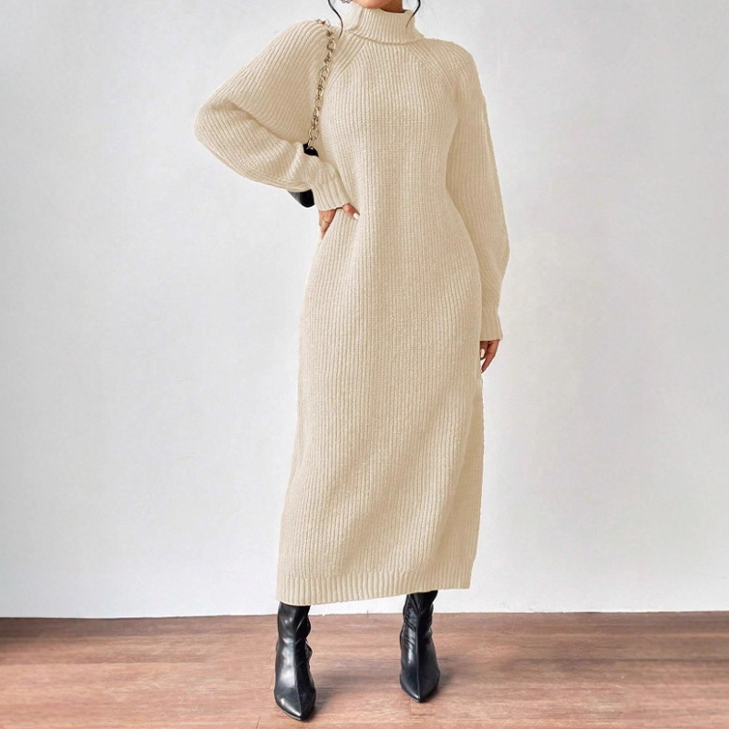 Women's Turtleneck Long Sleeve Knit Sweater Dress Solid Color Long Pullover