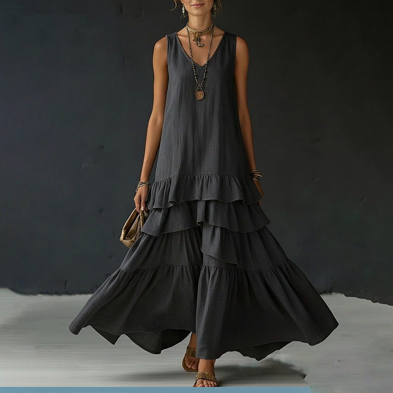 Women's Casual Loose Solid Sleeveless V-Neck A-Line Midi Dress