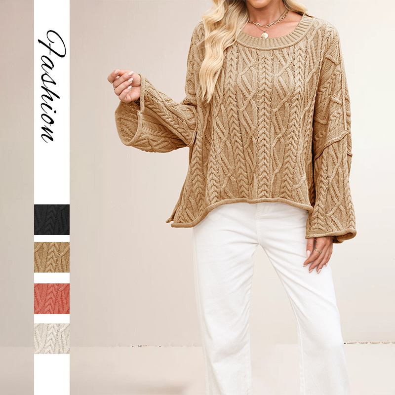 Cable Knit Cropped Sweater Plus Size Loose Crew Neck Pullover