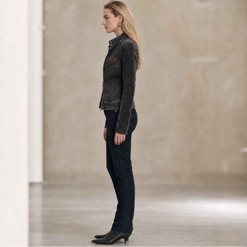 Women's Vintage Black Gray Washed Denim Moto Jacket