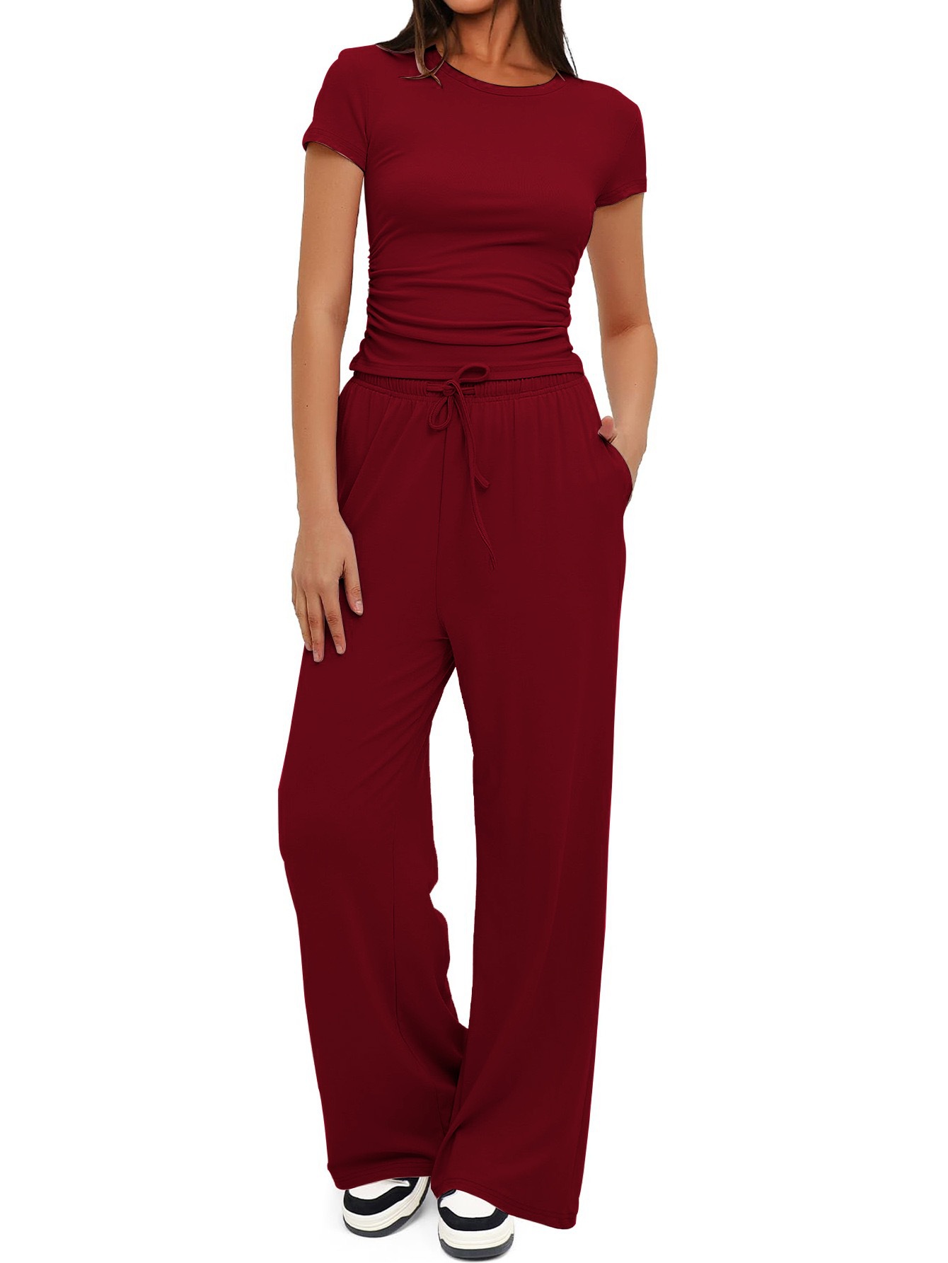 Women's Wide-Leg Two-Piece Set Short Sleeve Casual Commuter Outfit