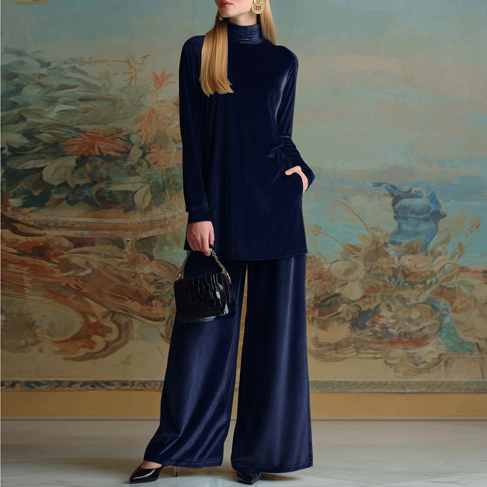 Velvet High-Neck Slit Top & Wide-Leg Pants Set