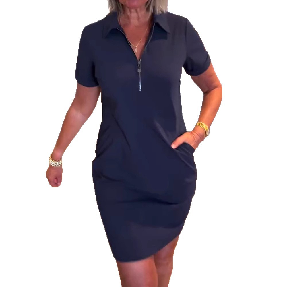 Women's Casual Short Sleeve Zip Front Solid Color Midi Dress with Collar
