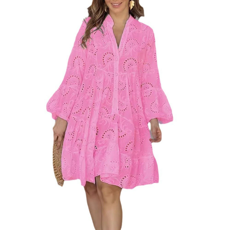 Solid V-Neck Embroidered Eyelet Lace A-Line Midi Dress