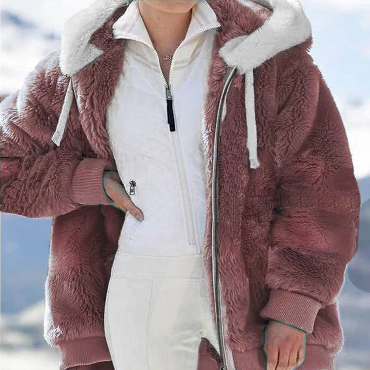 Women's Loose Solid Fleece Zip-Up Hooded Jacket