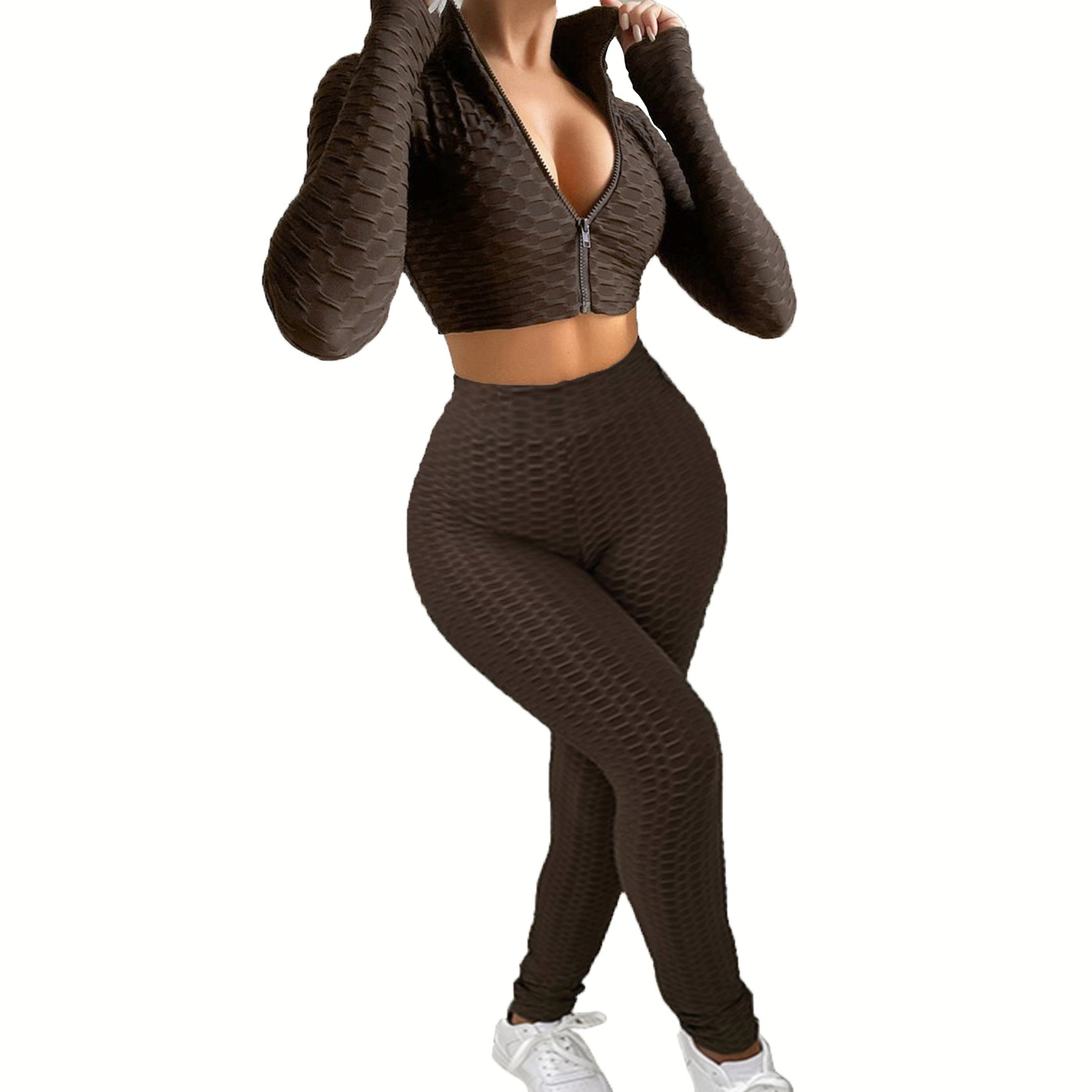 Women's Casual Solid Two-Piece Waffle Knit Tracksuit Set