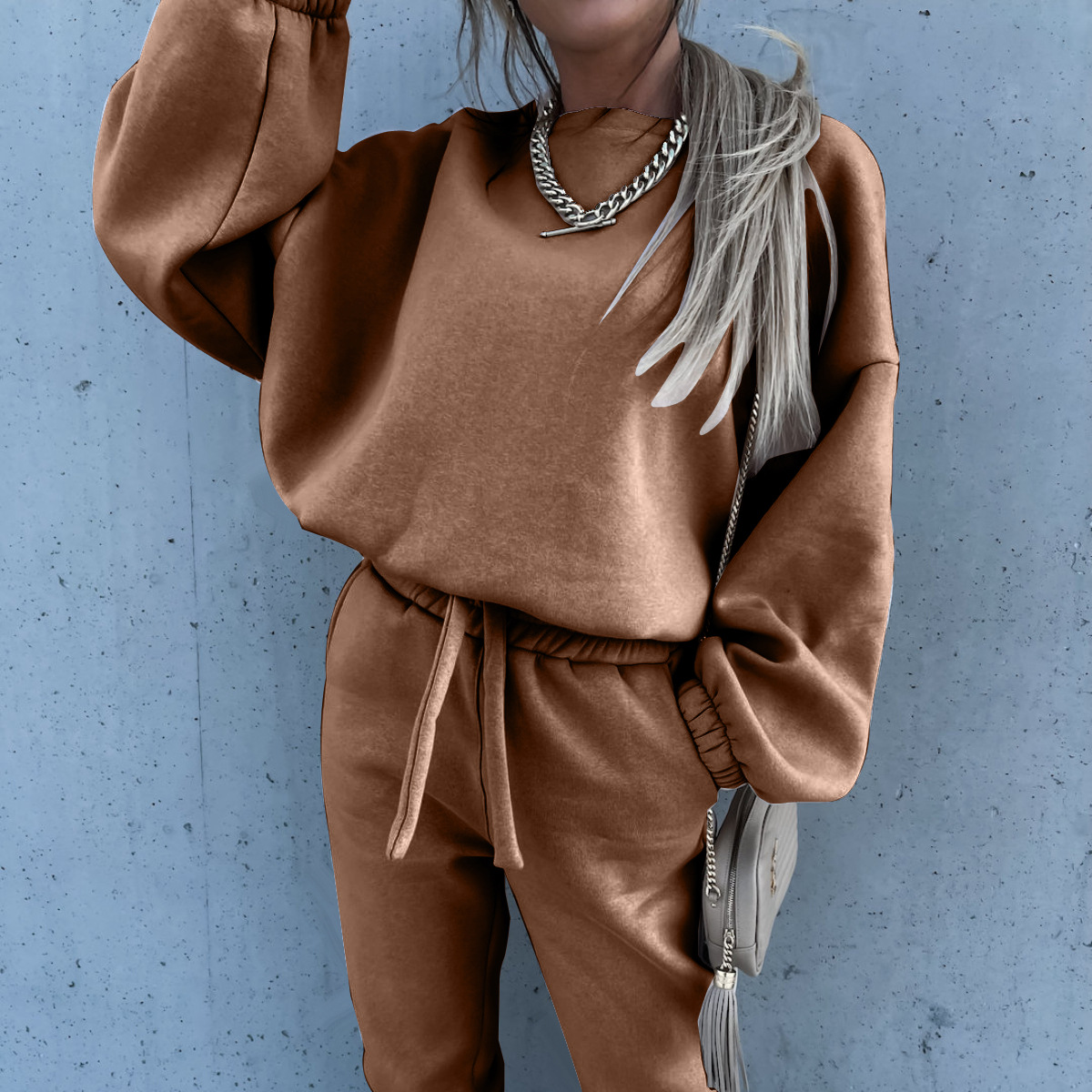 Women's Solid Color Long Sleeve Hoodie and Pants Two-Piece Set