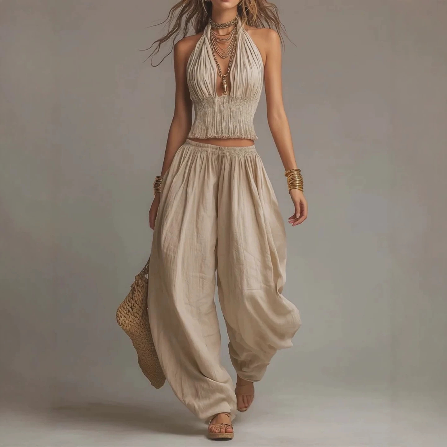 Sleeveless Halter Open-Back Top and Wide-Leg Pants Two-Piece Set