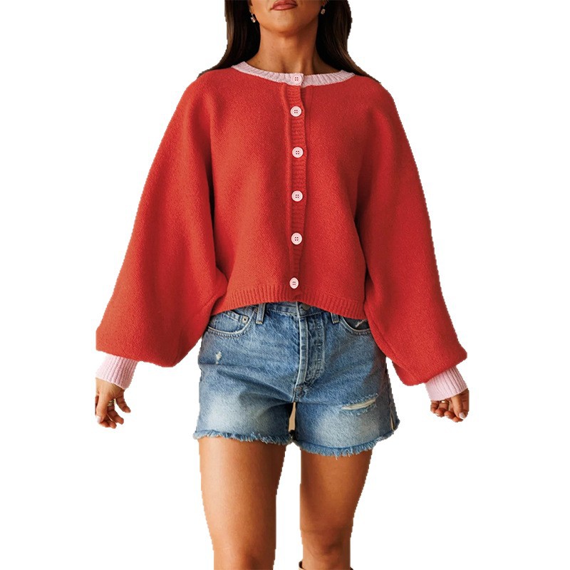 Women's Loose Knit Cardigan Color-Block Long Sleeve