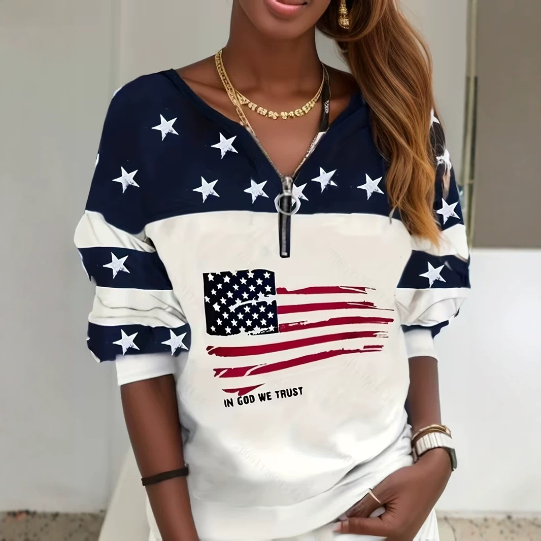 American Star Striped Heart Flag Print Half-Zip Long Sleeve Top for Women