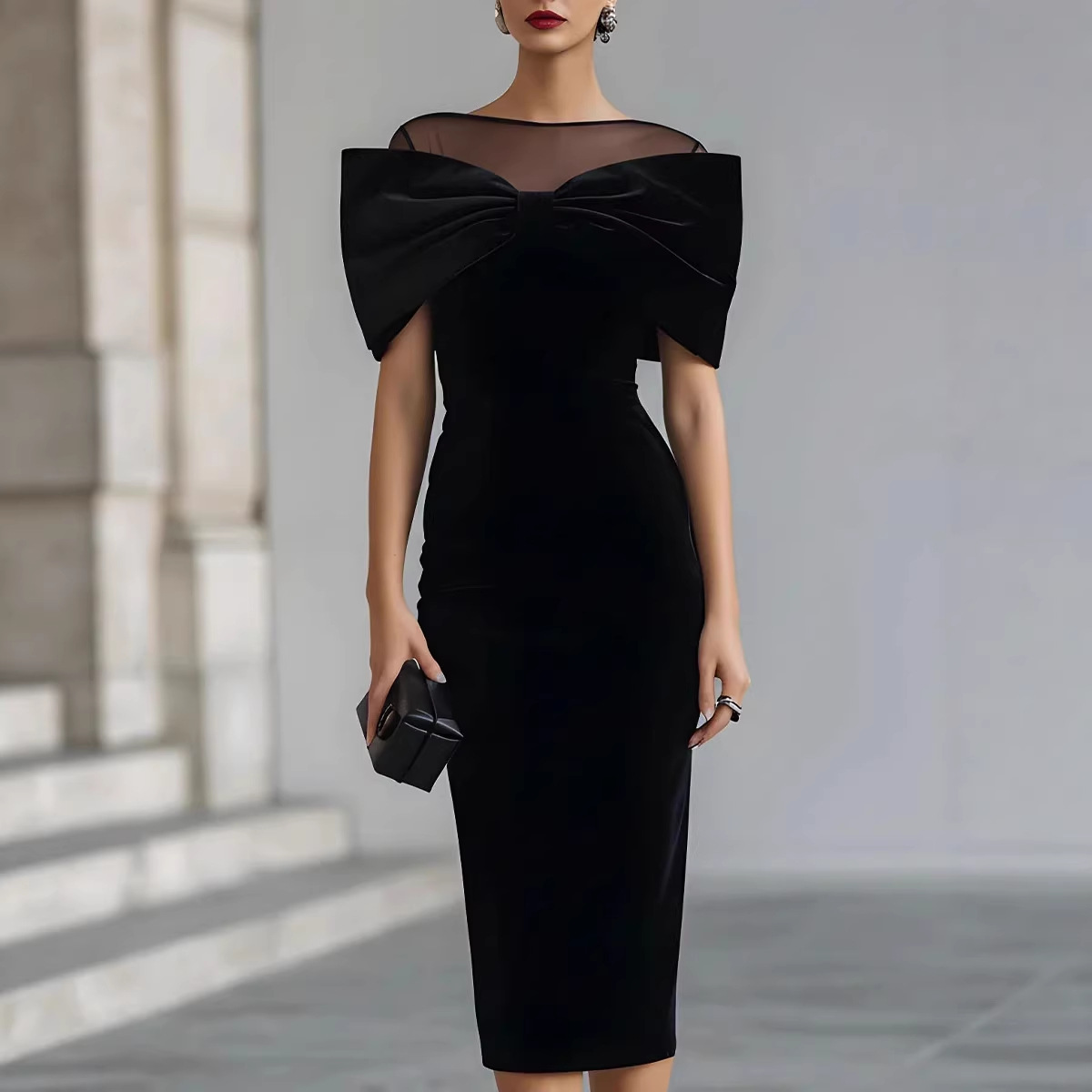 Off-Shoulder Gold Velvet Bodycon Midi Dress