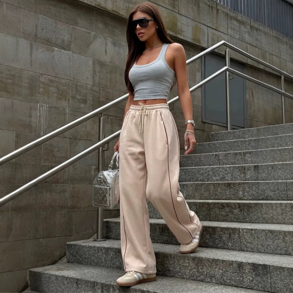 American Retro Side Stripe Wide-Leg High-Waist Sweatpants for Women