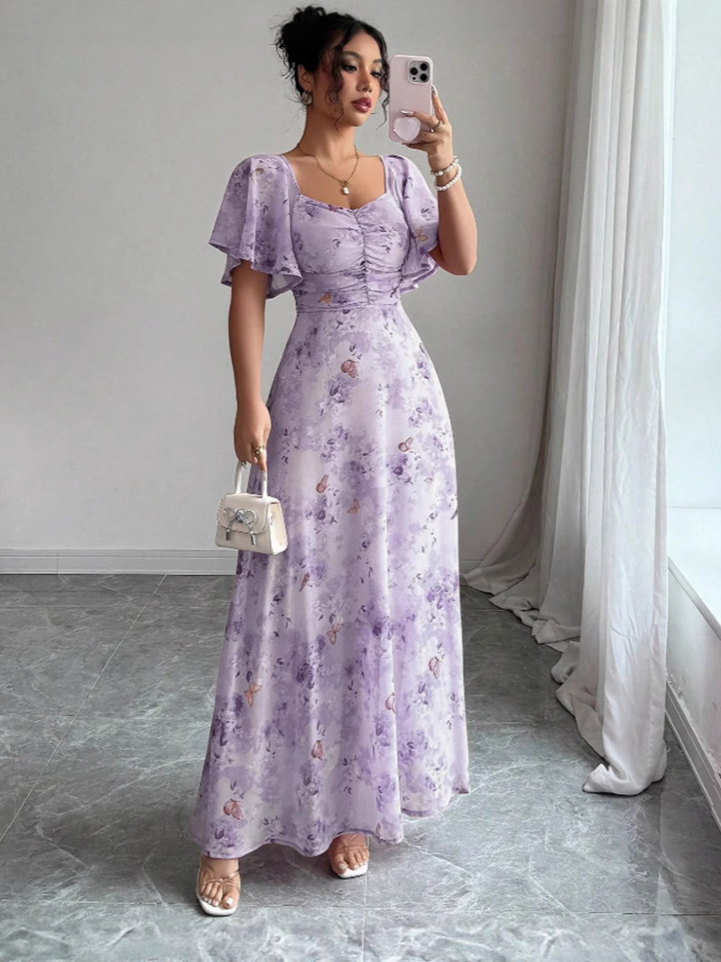 Floral Butterfly Print Ruffle Sleeve Slim Fit Midi Dress with Lining