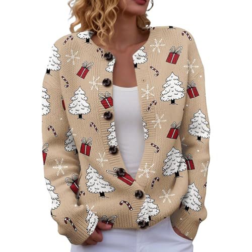 Women's Christmas Tree Snowflake Snowman Reindeer Print Button Cardigan Sweater