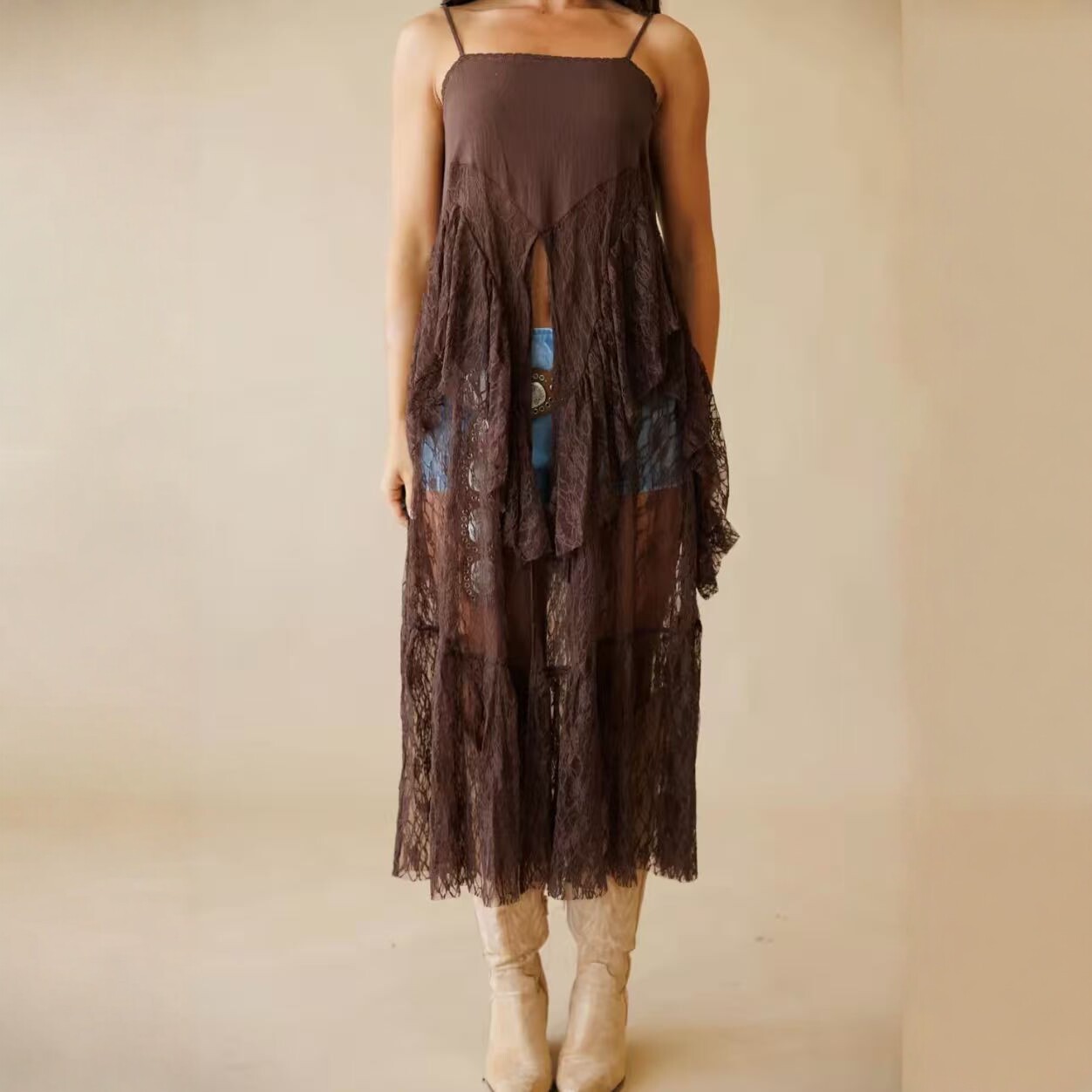 Dark Brown Lace Cami Slit Maxi Dress Layering Cover-Up