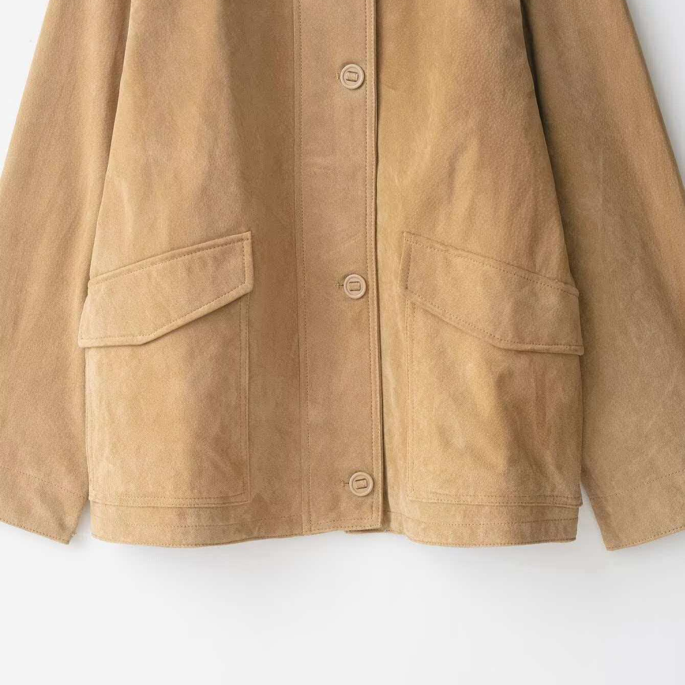 Women's Retro Faux Suede Casual Jacket Loose Fit Khaki