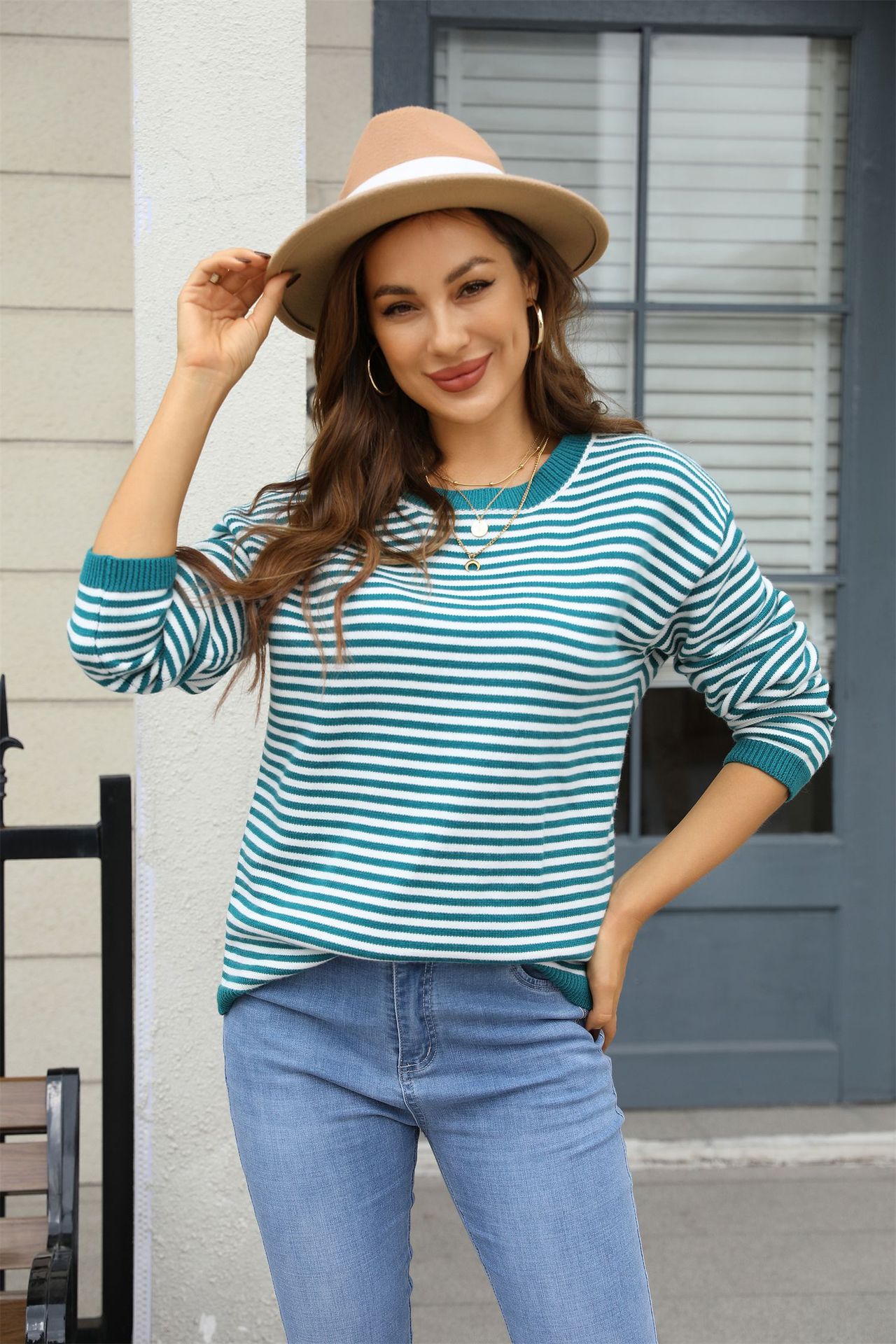 Women's Retro Striped Crewneck Knit Sweater Colorblock Pullover