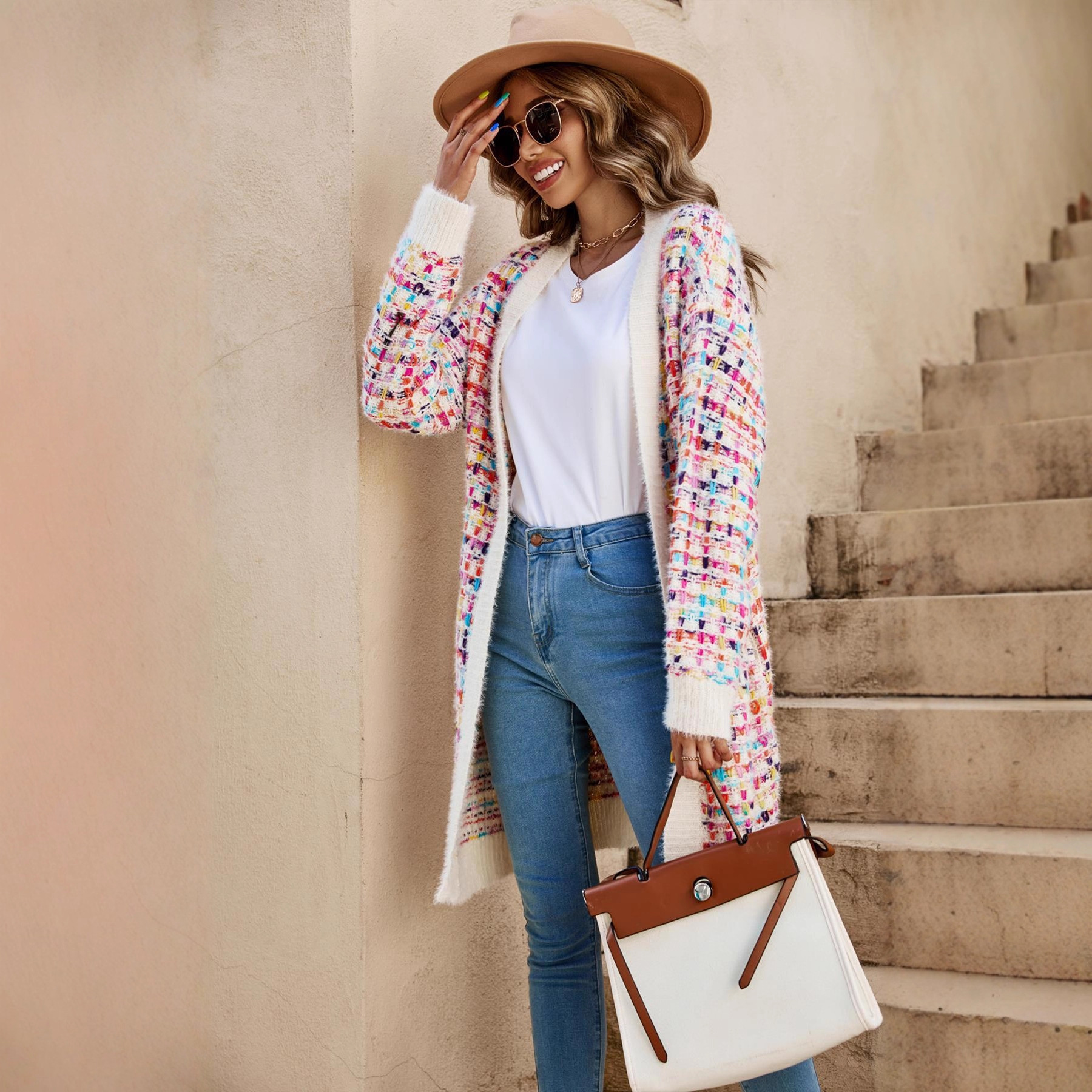 Women's Color-Block Knit Cardigan, Long Sleeve V-Neck Mid-Length Top