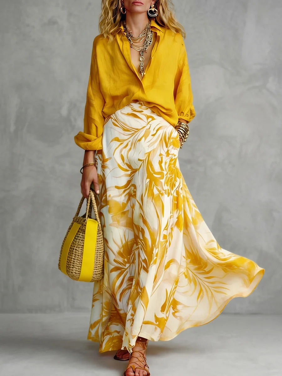 Women's Casual Two-Piece Skirt and Shirt Set with Digital Print