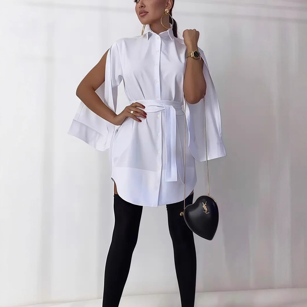 Elegant Tie-Neck Irregular Sleeve Spliced Shirt Dress