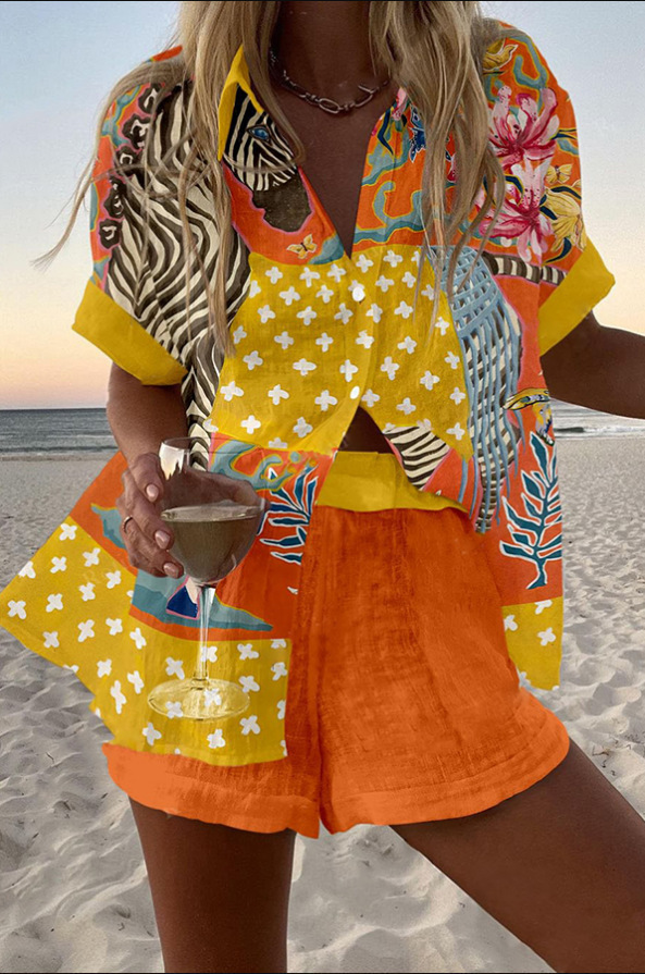 Women's Animal Print Short Sleeve Collared Top Set