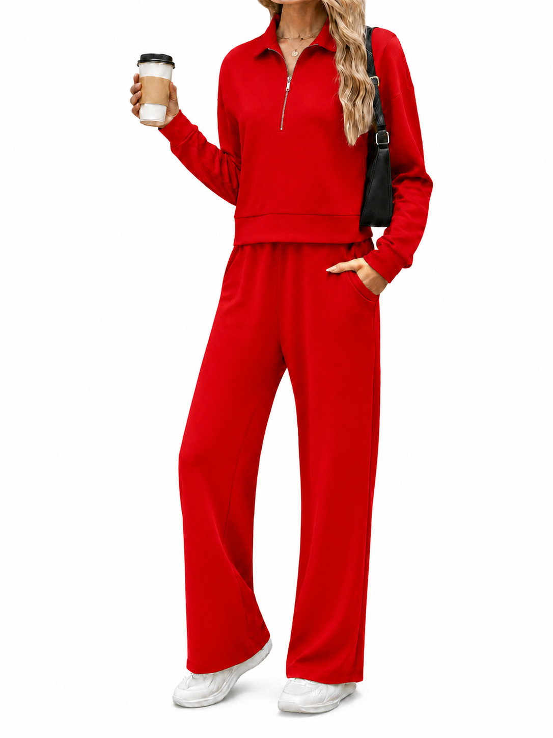 Women's Half-Zip Collared Sweatshirt & Wide-Leg Pants Set Casual Two-Piece