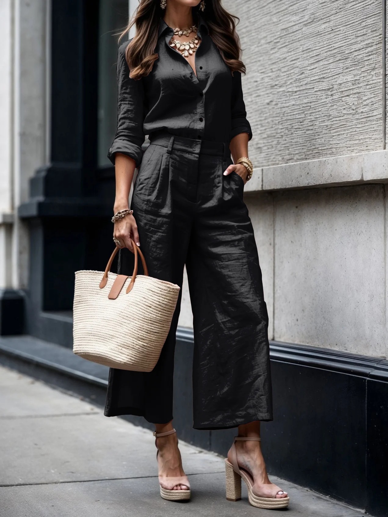 Women's Long Sleeve Solid Button Cardigan Shirt and Pants Two-Piece Set