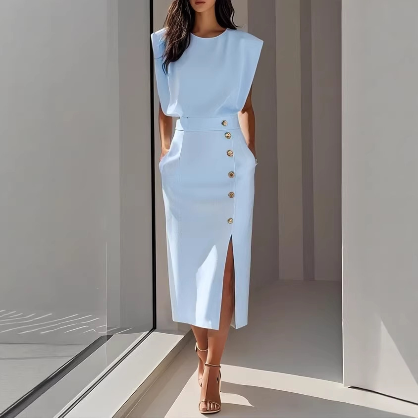 Women's Round Neck Cinched Waist Slit Metal Button Midi Dress