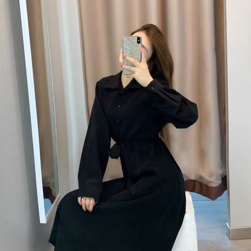 French Vintage Long Sleeve Black Dress Women's Waist-Cinching Slimming Commuter Midi A-Line Polo Neck