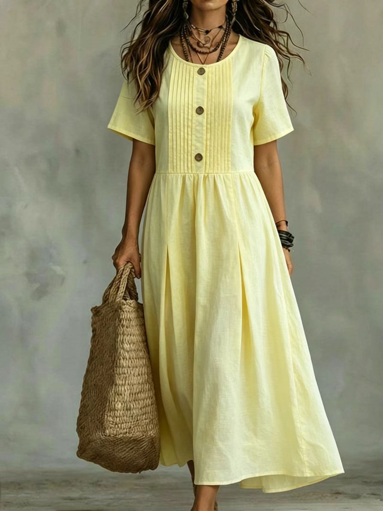 Women's Cotton-Linen Short Sleeve Midi A-Line Dress Loose Fit