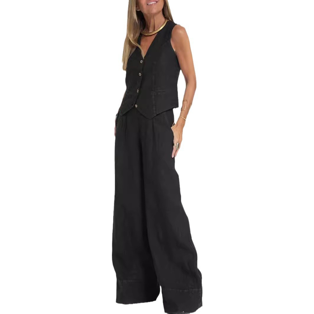 Women's Sleeveless Vest & Pants Set Cotton Linen Patchwork Casual