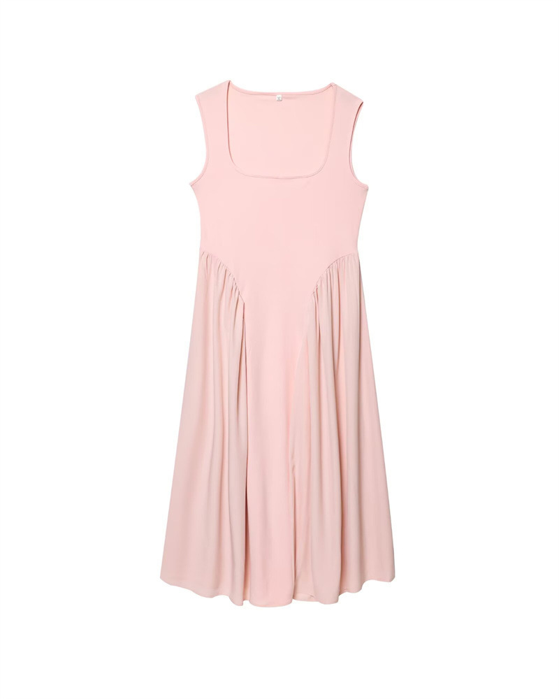 Women's Knit Flared Midi Dress Sleeveless High Waist Pink