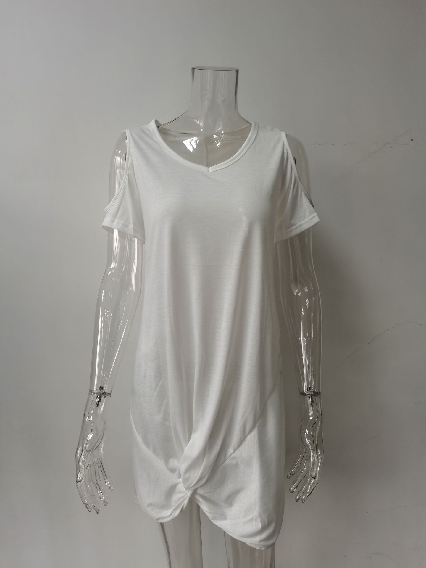 Women's Off-Shoulder Twist Knot Short Sleeve T-Shirt Dress Solid Color