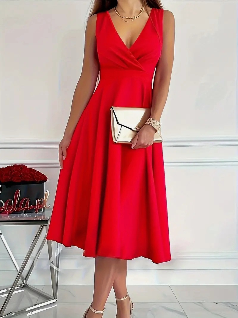 Sleeveless V-Neck High-Waist Midi Dress