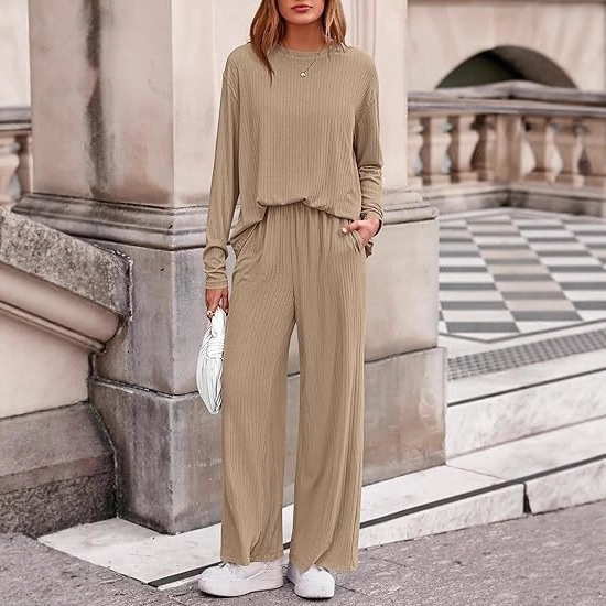 Women's Ribbed Long-Sleeve Casual Set - Urban Chic Solid Color