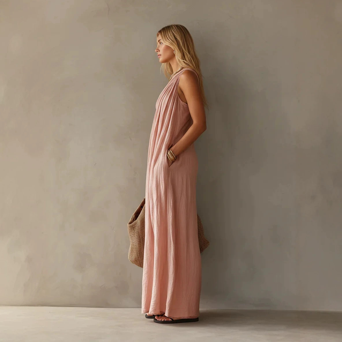 Slouchy One-Shoulder Ruched Long Dress with Pockets