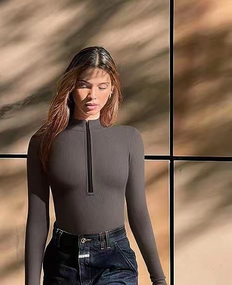 Women's Ribbed Long Sleeve Front Zip Bodysuit