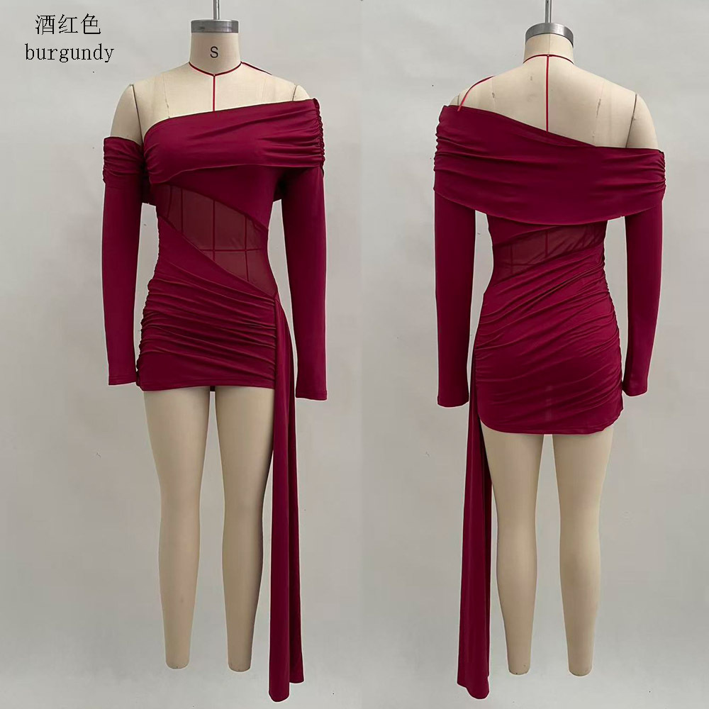 Elegant One-Shoulder Mesh Bodycon Dress with Ribbon Detail