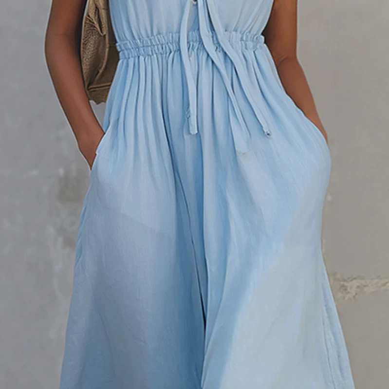 Retro Blue Off-Shoulder V-Neck Sleeveless Long Dress