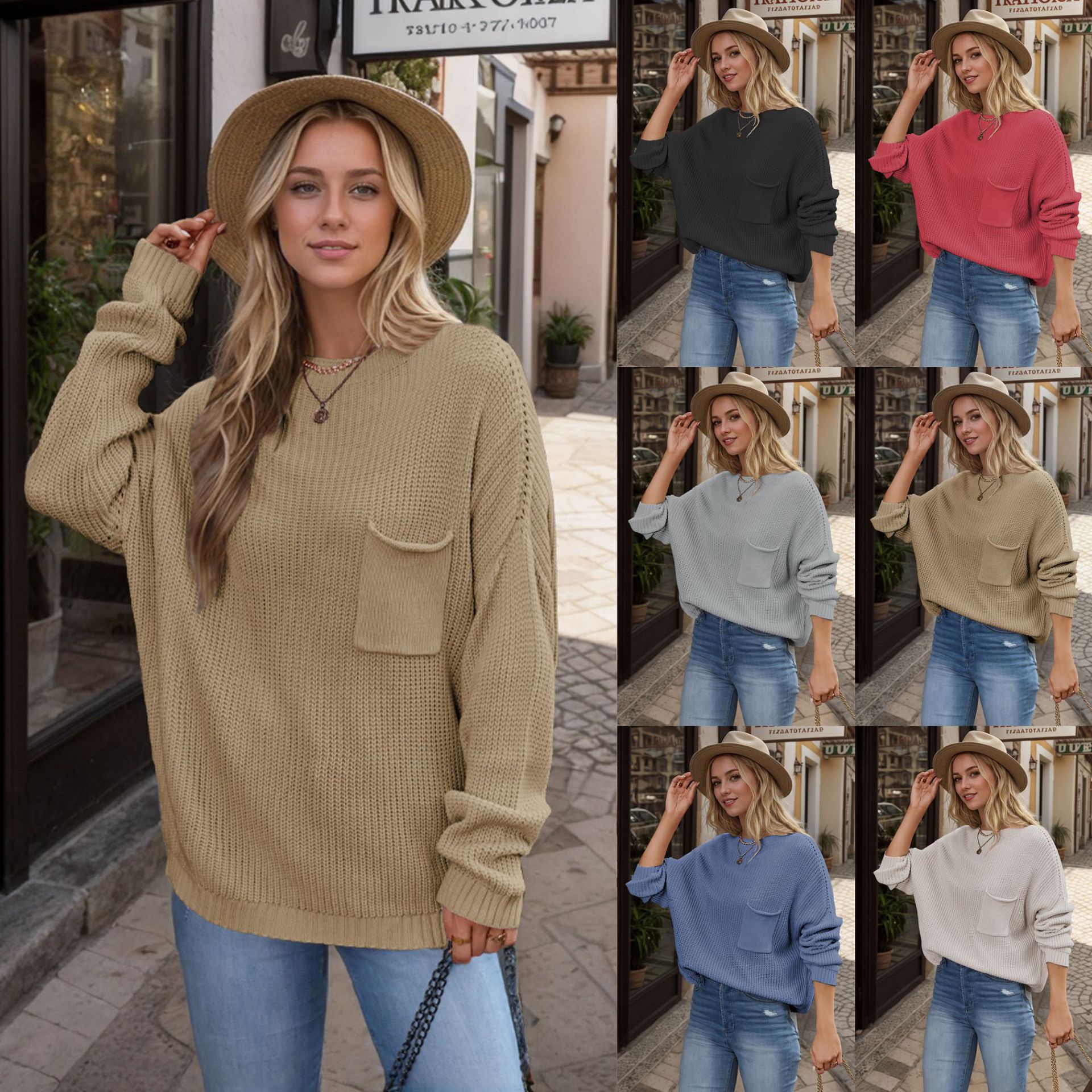 Solid Color Round Neck Pocket Knit Pullover Sweater for Women