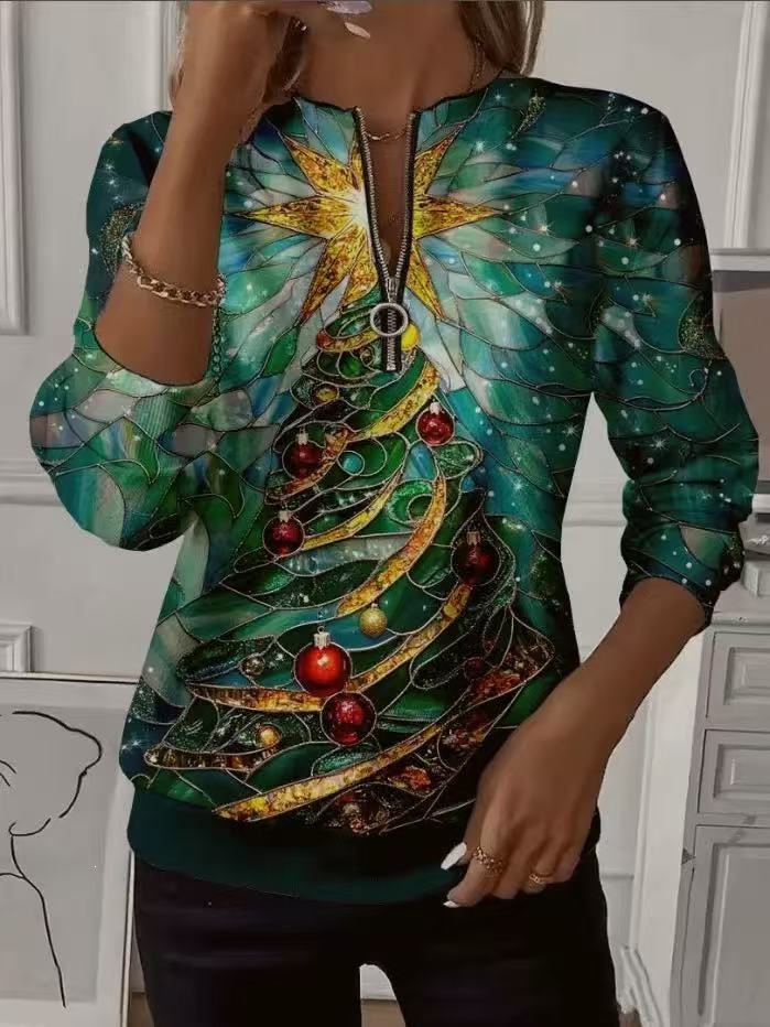 Women's Boho Print Long Sleeve Zip-Up Sweatshirt Casual Top