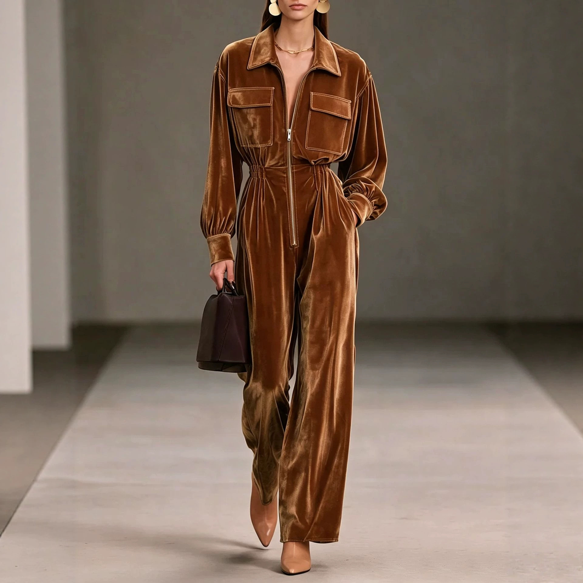 Gold Velvet Jumpsuit with Collar, Lantern Sleeves, Elastic Waist, Wide Leg