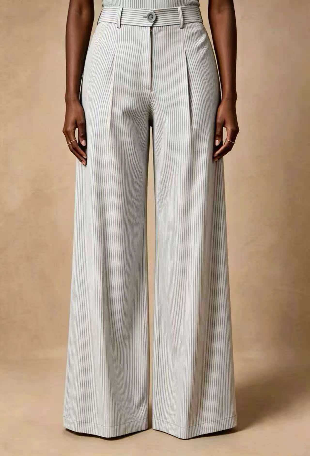 Retro High-Waist Pleated Wide-Leg Striped Pants