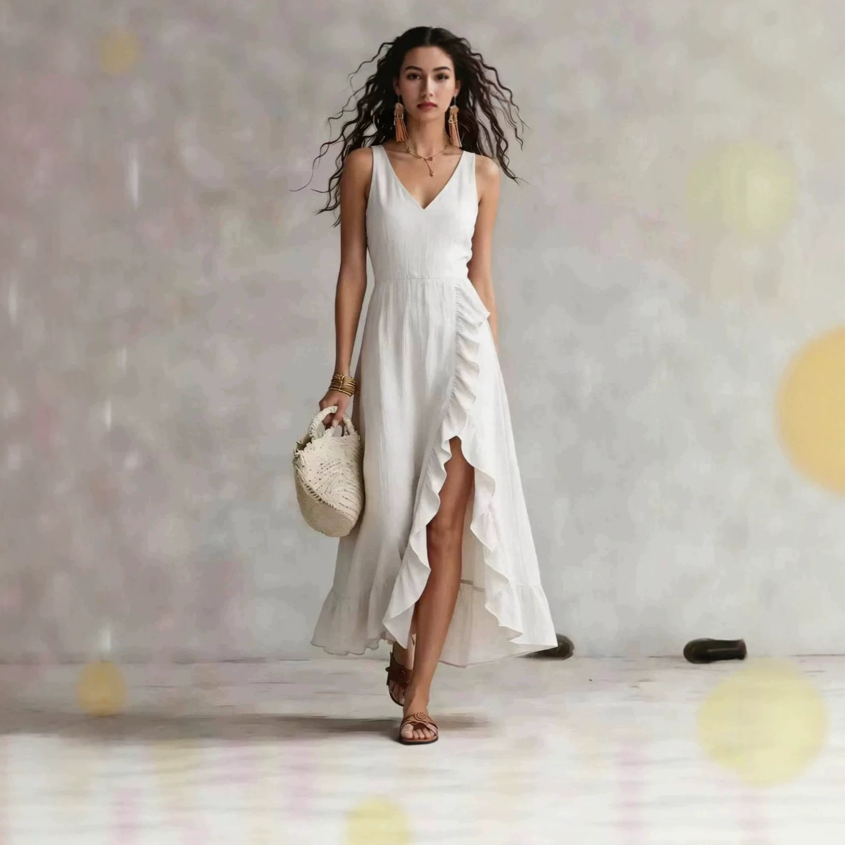 Bohemian V-Neck Sleeveless Ruffle Slit Maxi Dress