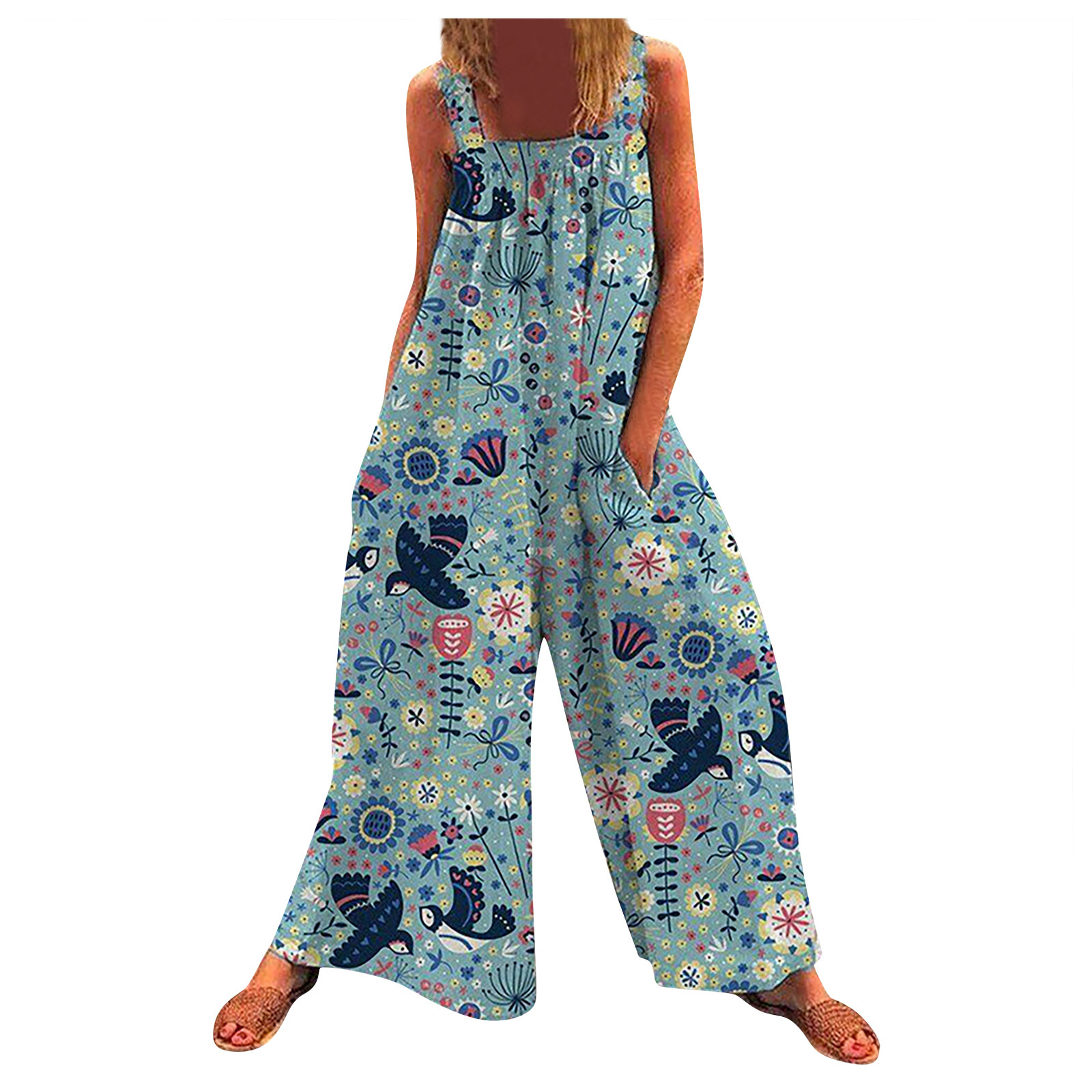 Plus Size Floral Print Loose Wide-Leg Jumpsuit with Straps