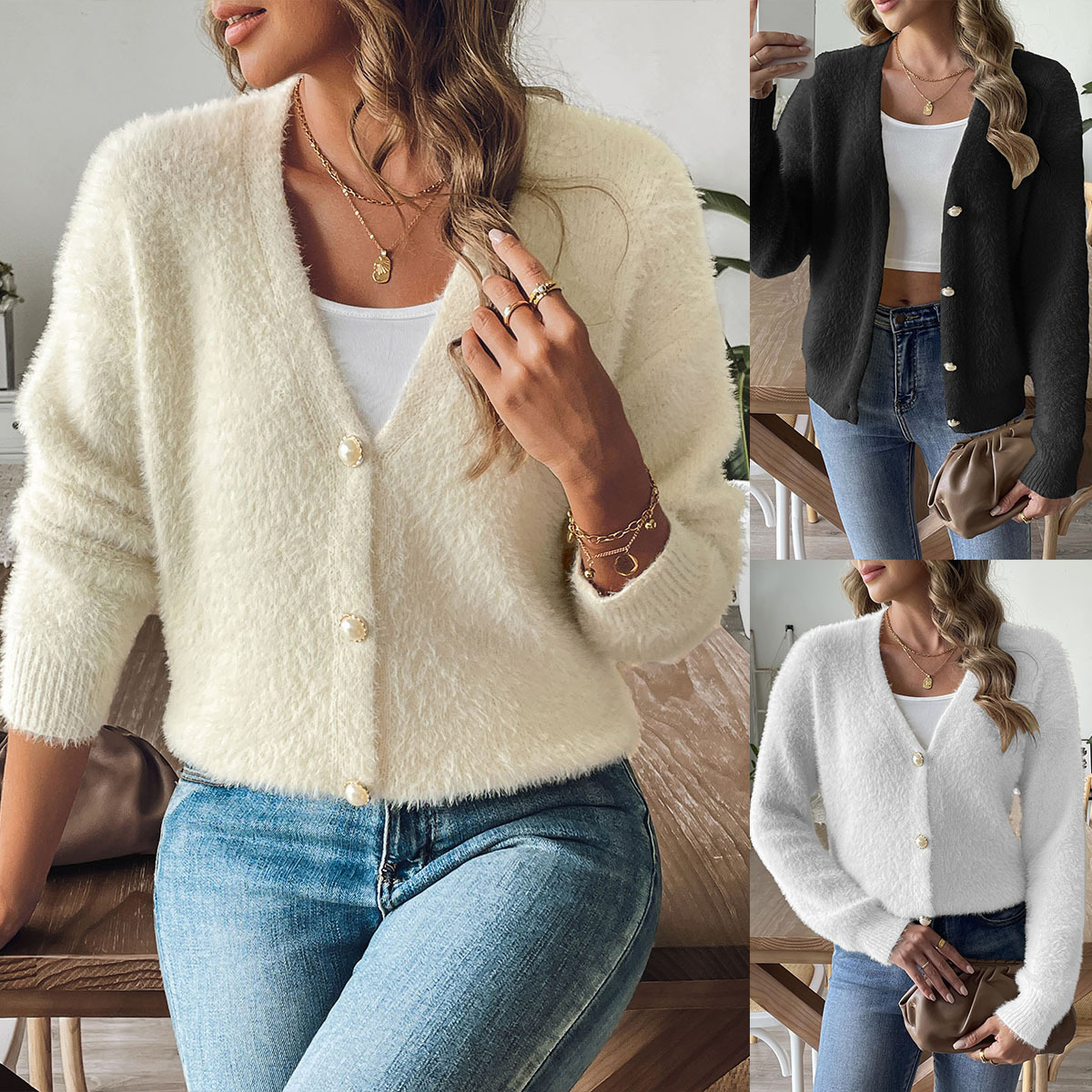 Women's Faux Mink Fur Cardigan with Pearl Buttons