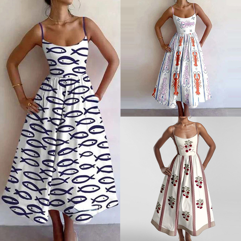 Women's Printed Sleeveless Ruched Waist Long Dress