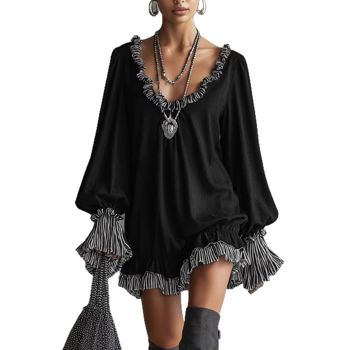 Black Ruffled V-Neck Short Dress